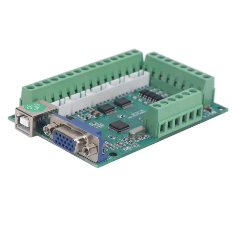 5 Axis CNC Control Board USB Motion Controller With Optical Isolation shown at an angle, featuring green interface sockets