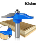 Precision Wood Router Bit Set Featuring 1/2 Inch Shank Tenon Cutter showing blue roundover bit with wooden backdrop for clean cuts.