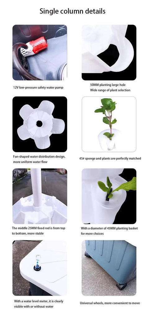Single column details of Vertical Tower Garden Kit For Indoor And Outdoor Herb And Vegetable Growing System An All In One Do It Yourself Hydroponic Setup For Home And Patio Ideal For Urban Gardeners Seeking Easy Space Saving Fresh Greens And Flavorful Herbs showing water pump, planting hole, and fixed basin.
