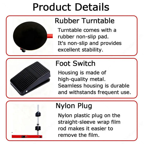 Heavy Duty Electric Stretch Film Dispenser For Pallet Wrapping With Lightning Fast Motor and Auxiliary Turntable rubber turntable and foot switch details.