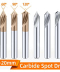 Six carbide spot drills set, 3-20 mm, coated bronze and silver tips for center drilling and chamfering.