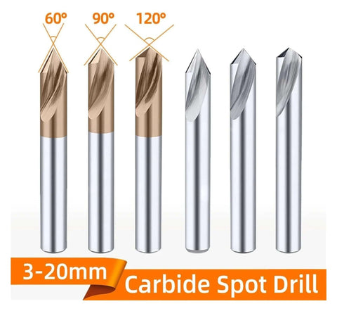 Six carbide spot drills set, 3-20 mm, coated bronze and silver tips for center drilling and chamfering.