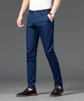 Mens Pinstripe Wrinkle Resistant Dress Pants For Business Lightweight Trousers Slim Fit Tapered Casual Style In Dark Blue