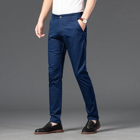 Mens Pinstripe Wrinkle Resistant Dress Pants For Business Lightweight Trousers Slim Fit Tapered Casual Style In Dark Blue