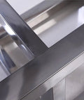 Close-up of the trapezoidal frame on a Sturdy 304 Stainless Steel Square Stool For Factory Lab And Workshop Use Dust Free And Easy To Clean Pro Grade Trapezoidal Frame Heavy Duty Operation Seat With Non Slip Feet 40cm Height Ideal Shoe Stool Or Standing Workbench Chair