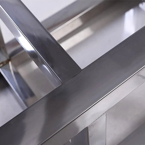 Close-up of the trapezoidal frame on a Sturdy 304 Stainless Steel Square Stool For Factory Lab And Workshop Use Dust Free And Easy To Clean Pro Grade Trapezoidal Frame Heavy Duty Operation Seat With Non Slip Feet 40cm Height Ideal Shoe Stool Or Standing Workbench Chair
