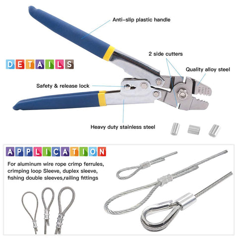 2.2mm Wire Rope Crimping Tool Kit With 150Pcs 3 Size Aluminum Double Barrel Ferrule Sleeves, Heavy Duty Stainless Steel For Durable Loop Sleeve Crimps