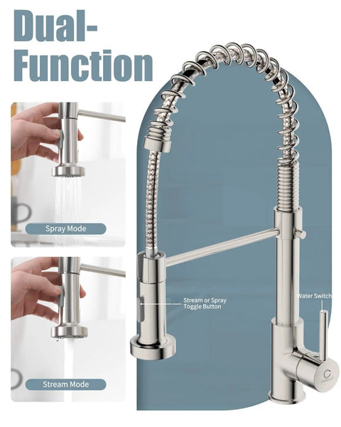 Kitchen Faucet With Pull Down Sprayer For Commercial Kitchens Built Tough Stainless Steel Single Handle Spring Design