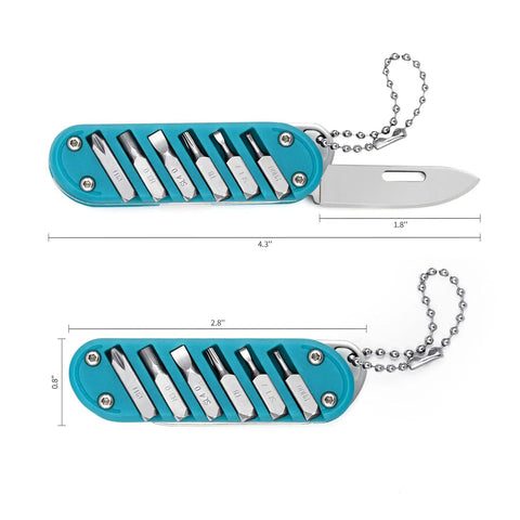 7-In-1 EDC Pocket Knife Multitool for Keychain Quick Fixes, Outdoor Gear, and Daily Tasks, Blue, with Mirror Blade and Screwdriver Bits shown open and closed