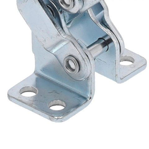 Close-up of GH 11412 Toggle Clamp corner detail, showing iron build, part of heavy duty 440.9 lb holding capacity, quick clamping action device.