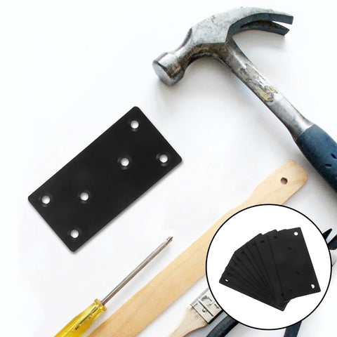 Beefy Heavy Duty Flat Plate Corner Brackets With Screws Black 10x5cm Set alongside hammer and screwdriver on white background