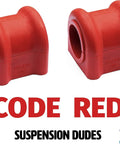 Beefed-Up Three Eighths Inch Universal Sway Bar End Link Repair Kit For A Pair Of Links Includes Code Red Grommets Washers And Nuts Fully Restores Bushings Made In USA For Reliable Suspension Performance. Two red Code Red sway bar bushings, made in USA