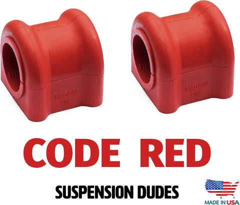 Beefed-Up Three Eighths Inch Universal Sway Bar End Link Repair Kit For A Pair Of Links Includes Code Red Grommets Washers And Nuts Fully Restores Bushings Made In USA For Reliable Suspension Performance. Two red Code Red sway bar bushings, made in USA