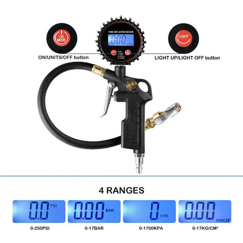Digital Tire Inflator Gauge With LED Display, 250 PSI, Four Units, Straight Brass Lock On Chuck, 13 Inch Rubber Hose