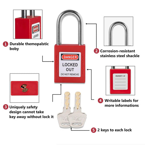 All In One Lockout Tagout Kit With 70 Plus Pieces For Safety Padlocks Hasp Ball And Gate Valve Lockouts Circuit Breaker Locks Plug And Loto Tags Ties And Tool Box Included featuring a red padlock with safety features and two keys.