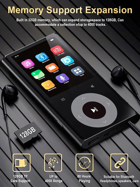64GB MP3 Player With 2.4 Inch Screen And Built In Speaker Bluetooth Hi Fi Sound Expandable To 192GB with memory card shown