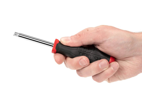 Hand holding Quarter Inch Drive High Torque Spinner Handle For Quick Fastener Spin And Maximum Leverage With A Serious Grip