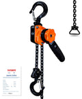 YATOINTO mini lever chain hoist front view, orange body, black handle, 1/4 ton capacity, 10 ft chain, dual hooks