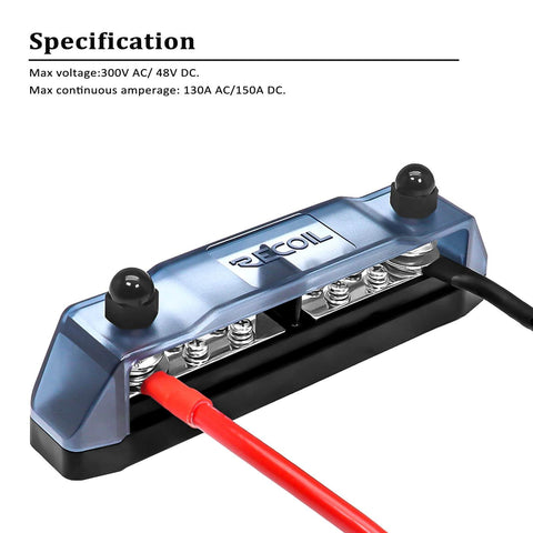 Rugged Bus Bar Power Distribution Block For DIY Wiring With Two 5/16 Inch Studs Eight Screw Terminals, polycarbonate cover view