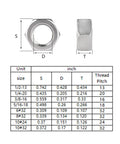 Diagram and table of Beefy 1/4-20 Stainless Steel Hex Nuts Set, 50 Pieces, showing dimensions, coarse UNC threads, corrosion resistant