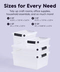Heavy Duty Clear Plastic Storage Bins With Lids 6 Pack 4 Quart Polypropylene various sizes display for home organization.