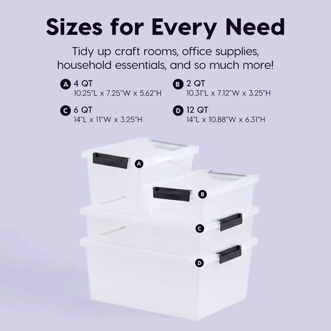 Heavy Duty Clear Plastic Storage Bins With Lids 6 Pack 4 Quart Polypropylene various sizes display for home organization.