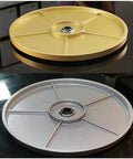 Black Tempered Glass Lazy Susan Turntable Serving Tray, 28 Inch Round Base With Heavy Duty Swivel Mechanism, Heat Resistant Dining Organizer For Zero Hassle Hosting And Built Different Style in gold and silver finishes.