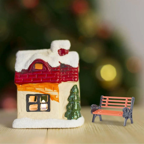 Two Piece Miniature Park Bench Set For Fairy Gardens And Dollhouses, Realistic Outdoor Bench Seating Kit beside holiday house