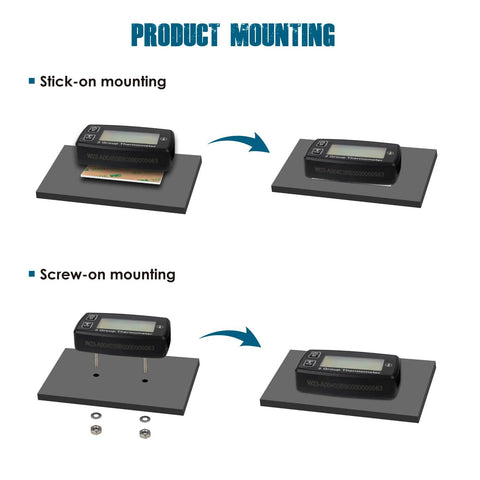 Runleader digital LCD engine temperature gauge on mounting plate; front view with stick-on and screw-on mounting hardware.