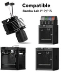 P1P and P1S Hotend Kit for P1 Series 3D Printer with hardened steel hot end, fan, and 0.4mm nozzle, shown with compatible printers.