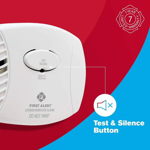 Carbon Monoxide Detector Plug In Alarm With Battery Backup CO606 White 1 Pack showing test and silence button
