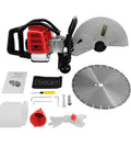 Professional Grade 52CC Two Stroke Gas Concrete Cutting Saw Featuring A Rugged Workhorse Design With 13 Inch Diamond Blade And Sturdy Rubber Wheels For Quick Slab Jobs with tools and accessories laid out.
