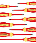 Set of 9 insulated electrician screwdrivers, 4 Phillips and 5 slotted, 1000V rated, CR-V tips with non-slip cushioned handles.