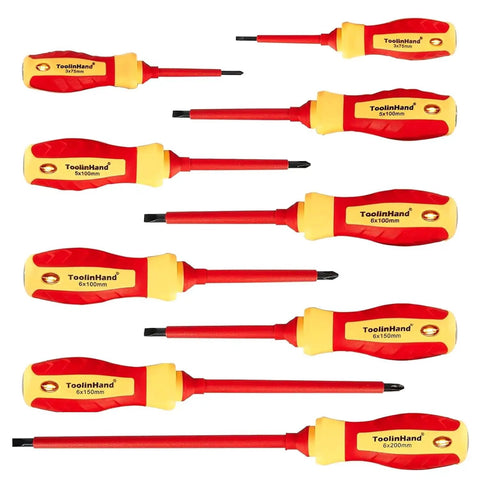 Set of 9 insulated electrician screwdrivers, 4 Phillips and 5 slotted, 1000V rated, CR-V tips with non-slip cushioned handles.