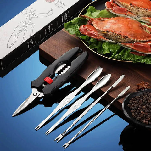 5 Piece Seafood Tools Set With Crab Crackers And Tools Includes 2 Crab Leg Forks 2 Crab Seafood Needles 1 Seafood Scissors And A Storage Bag