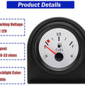 2 Inch Fuel Level Gauge 12V Fuel Tank Meter E-1-2-F Pointer for Car RV Boat Yacht Motorcycle With White Backlight 240-33 Ohm Sensor High Sensitivity Readout Ride Ready Plug-N-Play Gauge, front view