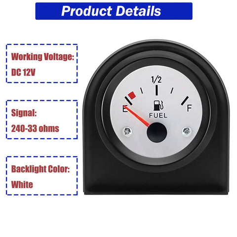 2 Inch Fuel Level Gauge 12V Fuel Tank Meter E-1-2-F Pointer for Car RV Boat Yacht Motorcycle With White Backlight 240-33 Ohm Sensor High Sensitivity Readout Ride Ready Plug-N-Play Gauge, front view
