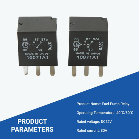 Pack Of Two Hefty Twelve Volt Five Pin Auto Fuel Pump Relays Straight Plug Setup shows details and pin configuration.