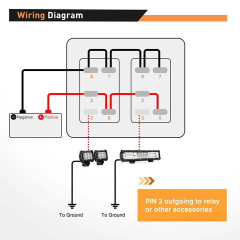 Wiring diagram for 3 Gang Aluminum Panel Toggle Rocker Switch Kit with Pre Wired Harness for automotive and marine use.