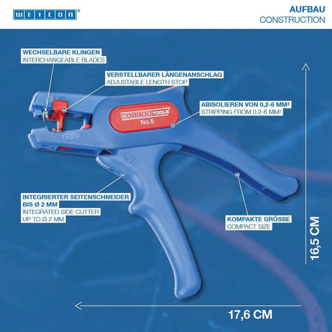 Automatic Wire Stripper No 5 with Side Cutter for 0.2 to 6 mm² Cables, showcasing design and features.