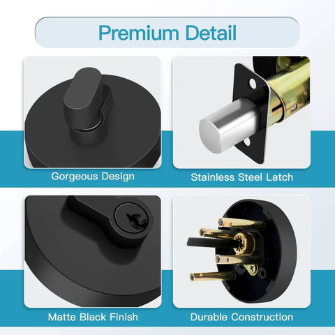 Single Cylinder Deadbolt Lock With Key For Front Door Entry Built Tough For Exterior Use, Heavy Duty High Security Matte Black Finish detail view with stainless steel latch and interior components.