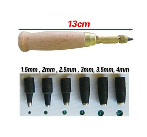 Adjustable Hole Punch For Bookbinding And Crafts With Six Punch Sizes 1.5mm To 4mm Wood Handle Steel Brass Construction No Hammer Needed