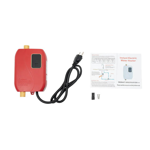 Compact Under Sink Electric Water Heater With 3000W Instant Heating Delivers Genuine Hot Water On Demand Wall Mount Space Saving Build Zero Wait Time Vibe For Daily Grind with power cord and user manual.