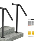 Heavy Duty Wrought Iron Stair Railing Handrails For Outdoor Steps Single Post Design With Black Powder Coat Finish Built Tough For A Dead Simple Setup And Secure Grip Safety Support Set Of 2 with installation hardware.