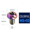 Close-up of Colorful Titanium M5x10 Bike Bolts Set For MTB Disc Brakes showing measurements and Torx T25 head design.