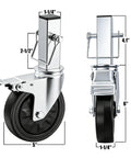 Set Of Four Five Inch Scaffolding Caster Wheels Smooth Rolling Elastic Rubber Tires Square Stem Fits One Point Two Five Inch Steel Pipe Floor Savers Non Marking Gear Zero Sweat Setup Heavy Duty Ride Ready To Roll with detailed dimensions on side.