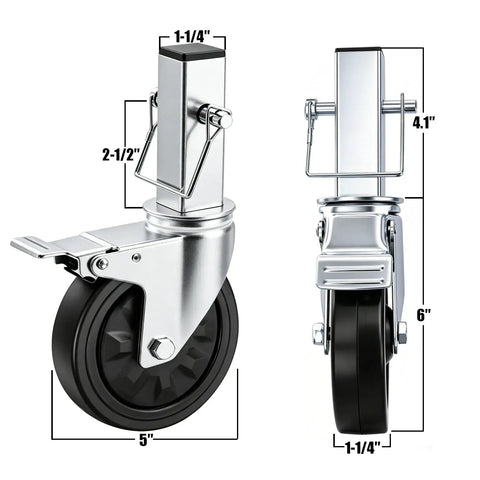 Set Of Four Five Inch Scaffolding Caster Wheels Smooth Rolling Elastic Rubber Tires Square Stem Fits One Point Two Five Inch Steel Pipe Floor Savers Non Marking Gear Zero Sweat Setup Heavy Duty Ride Ready To Roll with detailed dimensions on side.