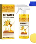 Premium Natural Beeswax Wood Polish Spray That Really Hits Different For Kitchen Cabinets Dining Tables And Hardwood Floors Leaves Surfaces Slick Shiny And Protected in spray bottle with packaging.