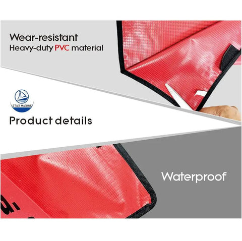Heavy Duty Fire Extinguisher Cover With Window For 10 To 20 Lb Units Durable PVC Sleeve With Wear Resistant Build And Black Trim Easy Hook And Loop Closure For Quick Install Bright Red For Clear Visibility 17 In Wide By 25 In Long showing close-up of material