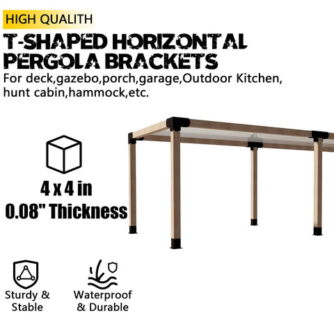 Three Way T Shaped Beefy Pergola Brackets For Four By Four Wood Beams Three Point Five Inches Heavy Duty 14 Gauge Steel With Hardware Outdoor Gazebo Cabin Mounts